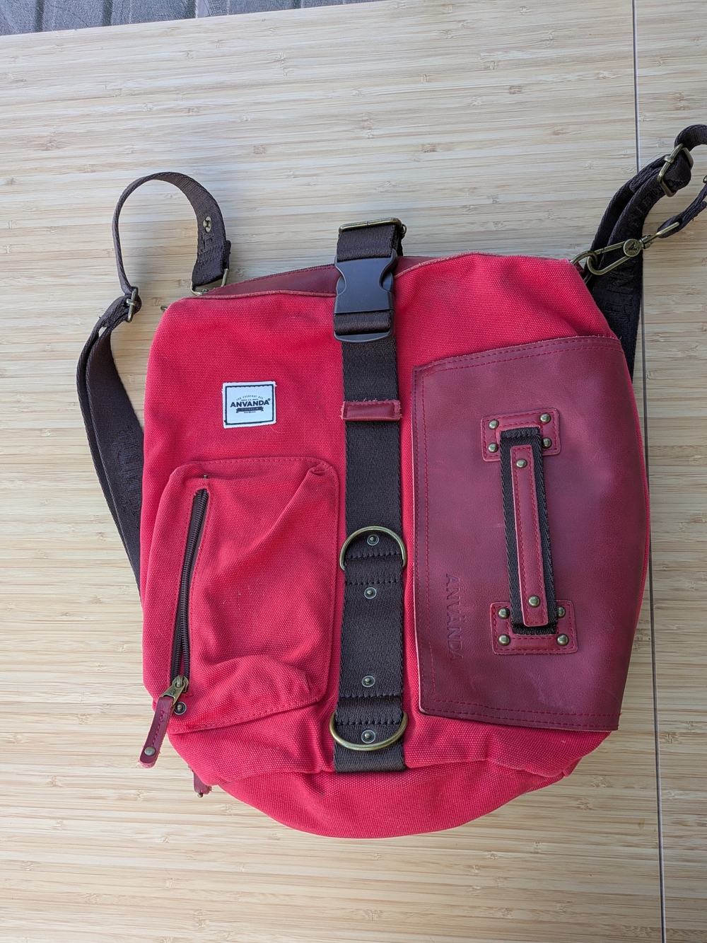 ANVANDA Red Canvas/Leather Crossbody/Backpack Bag
